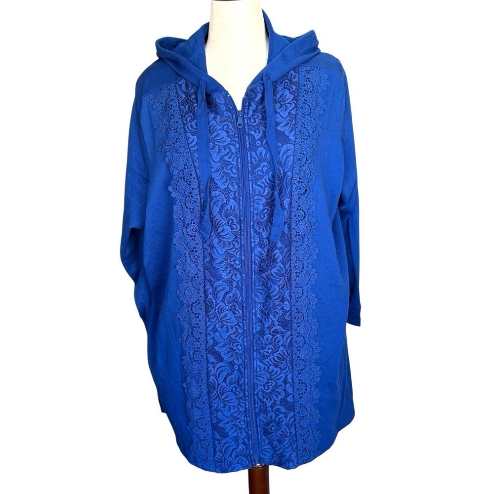 NEW Roaman's Royal Blue Lace Knit Cardigan Asymmetrical Hem 3X Hood Sweatshirt